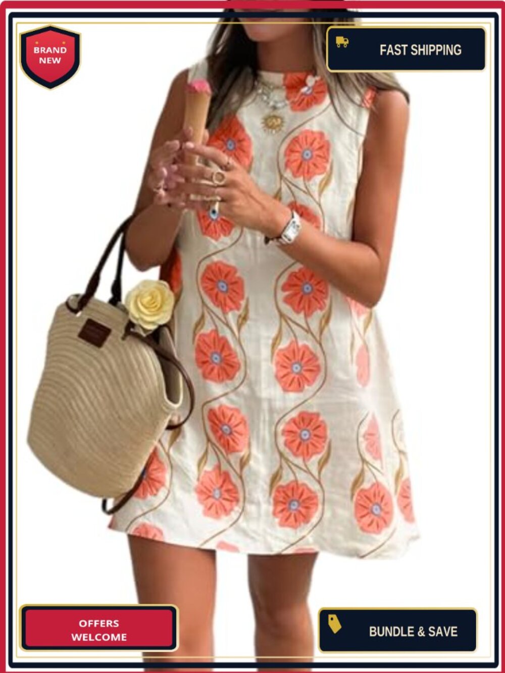 Sleeveless Floral Shift Dress Cotton Linen Summer Mini Dress